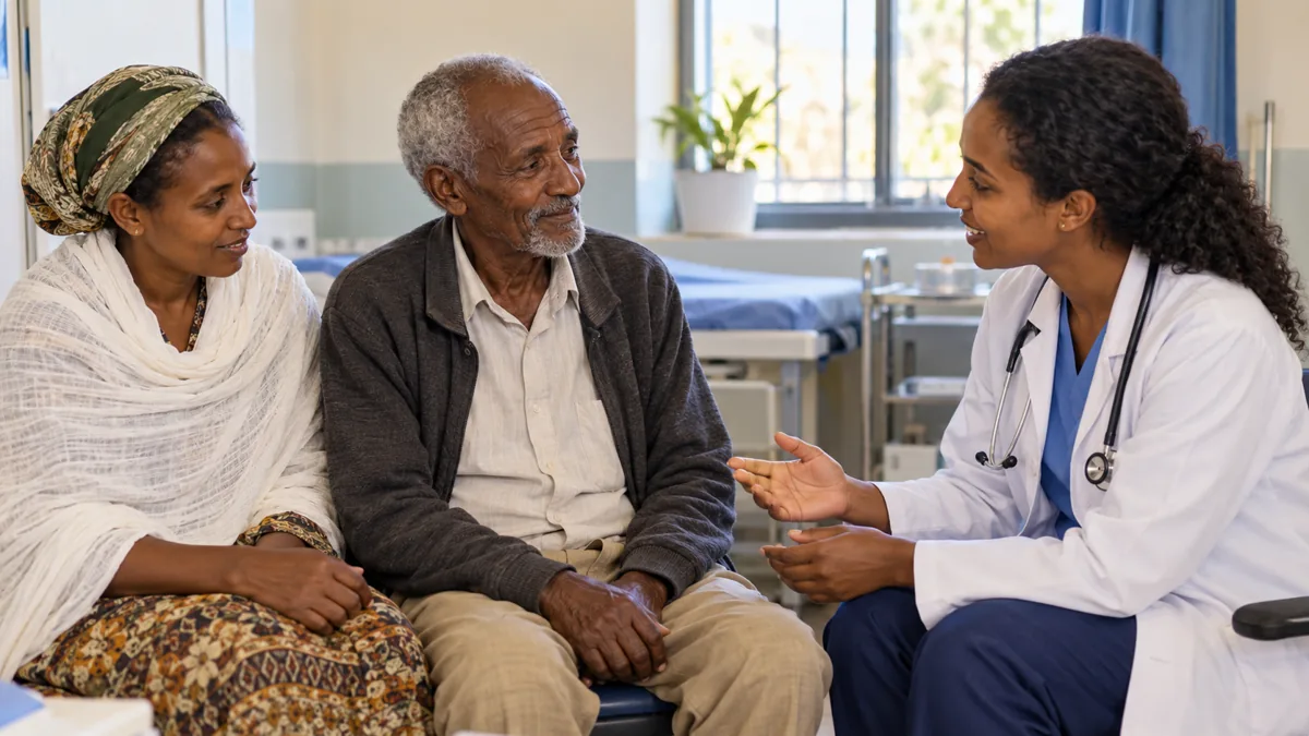 A clinician discussing follow-up after a fracture with an older adult