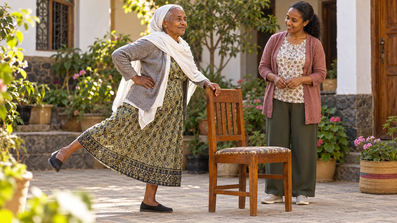 An older adult doing a gentle standing strength exercise