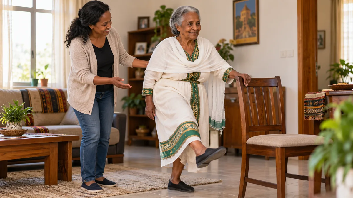 An older adult practicing a supported balance exercise at home