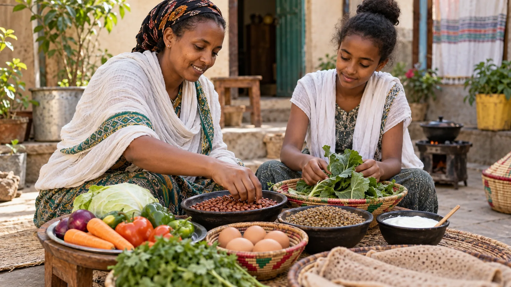 Locally available Ethiopian foods arranged for a varied meal