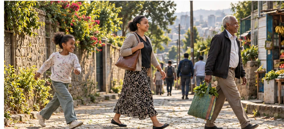 A girl, an adult woman, and an older man walking along a sunlit neighborhood street.