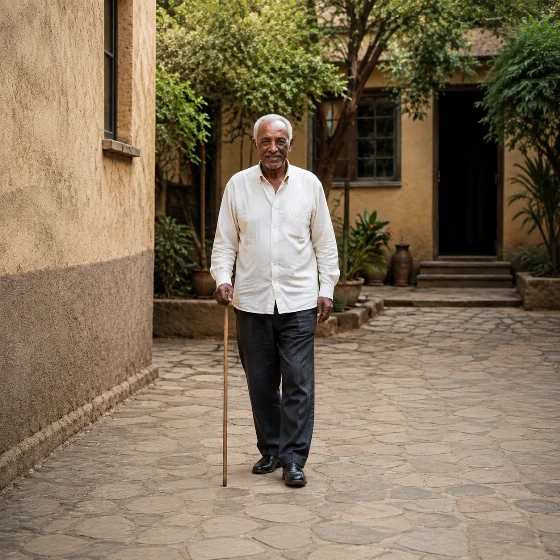 Illustrative image of a man walking with a cane in a courtyard