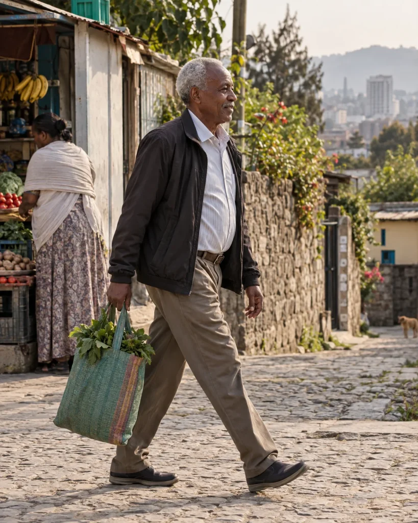 An older man walking outdoors on a neighborhood path.