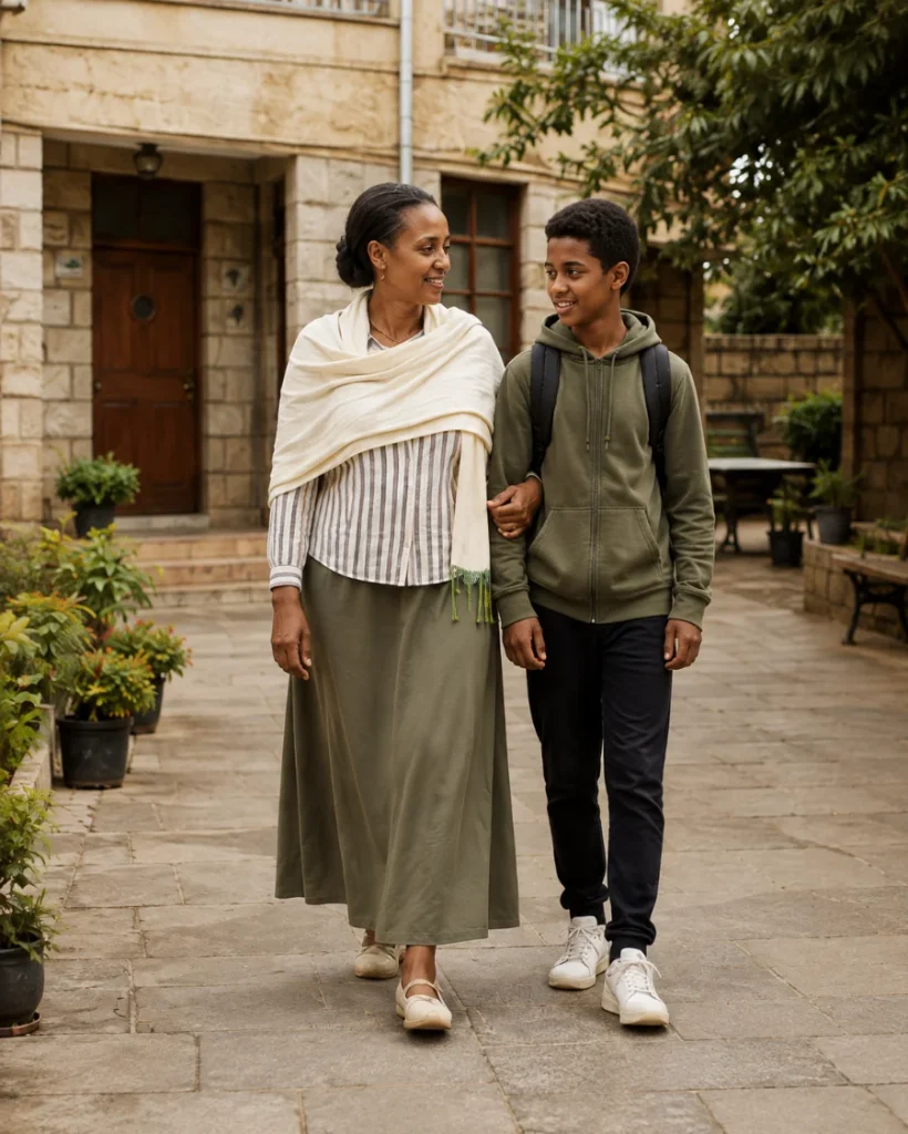 A mother and adolescent walking together in a courtyard.